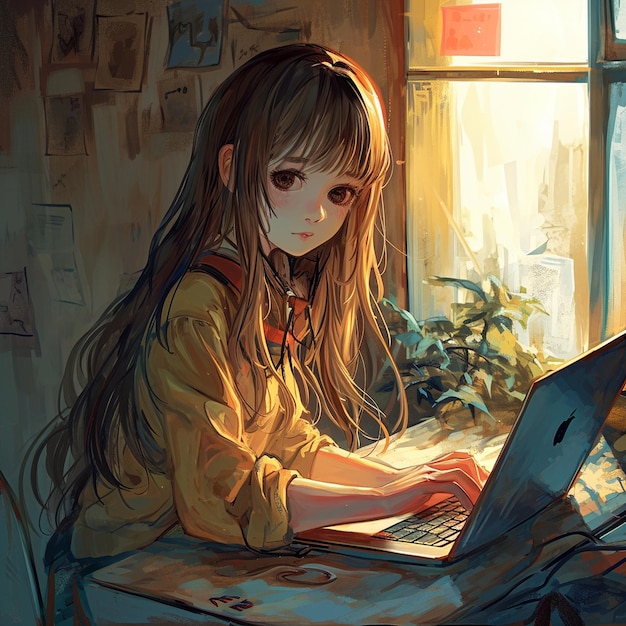 Dziewczyna z długimi włosami pracuje nad laptopem.