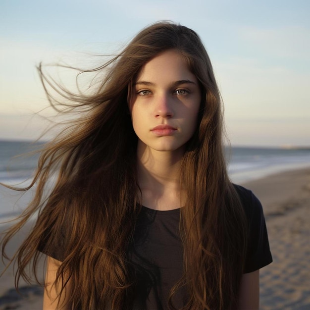 Dziewczyna z długimi włosami stoi na plaży, a wiatr dmucha jej włosami.
