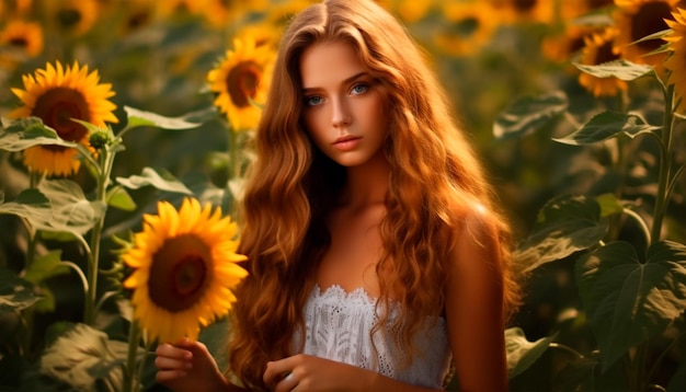 Dziewczyna z długimi włosami w polu słoneczników