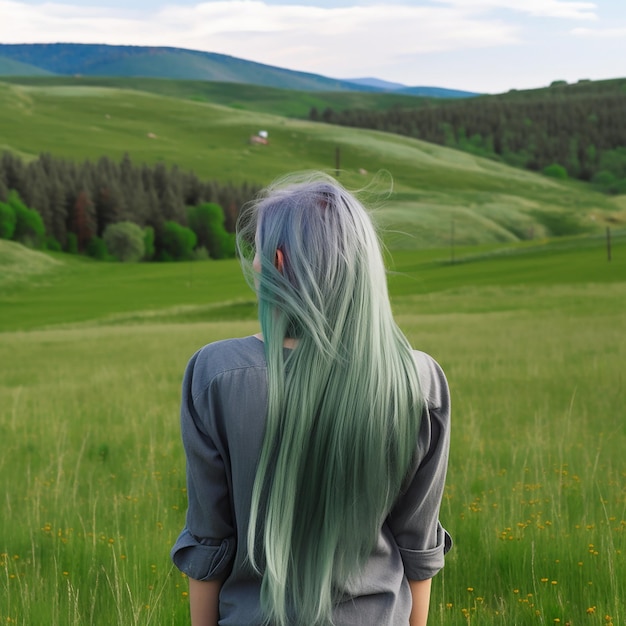 Dziewczyna z długimi zielonymi włosami w szarym ubraniu stoi w pobliżu zielonej łąki