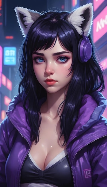 Dziewczyna z fioletowymi oczami i fioletową kurtką.