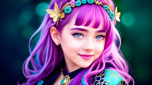 Dziewczyna z fioletowymi włosami i fioletowych włosami z koroną kwiatową