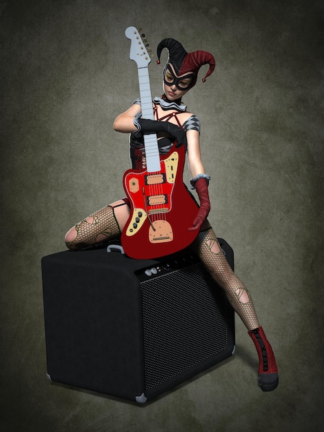 Dziewczyna z gitarą w stroju klauna. ilustracja 3D