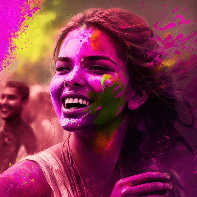 Dziewczyna z indyjskiego festiwalu Holi z kolorami Generacyjna sztuczna inteligencja