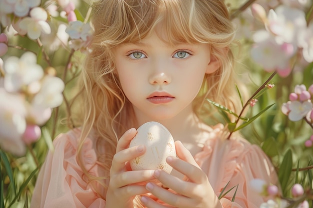 Dziewczyna z jajkiem wielkanocnym i kwiatami w ogrodzie Kwiaty w tle Szczęśliwa karta wielkanocna