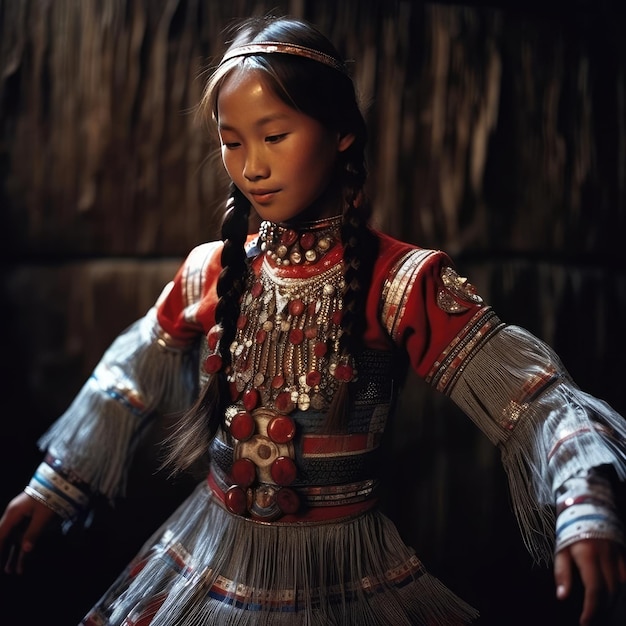 Zdjęcie dziewczyna z jakutu tańcząca taniec narodowy w jakutskich ubraniach