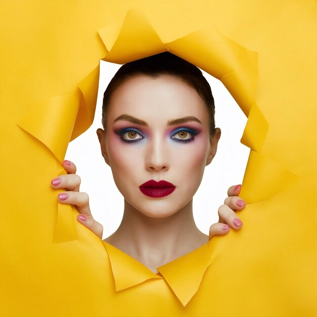 Zdjęcie dziewczyna z jasnym makijażem przez dziurę w żółtym papierze