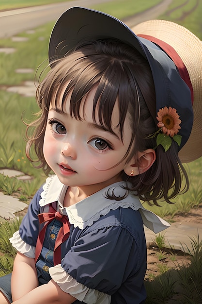 Dziewczyna z kapeluszem i kokardą siedzi na trawie