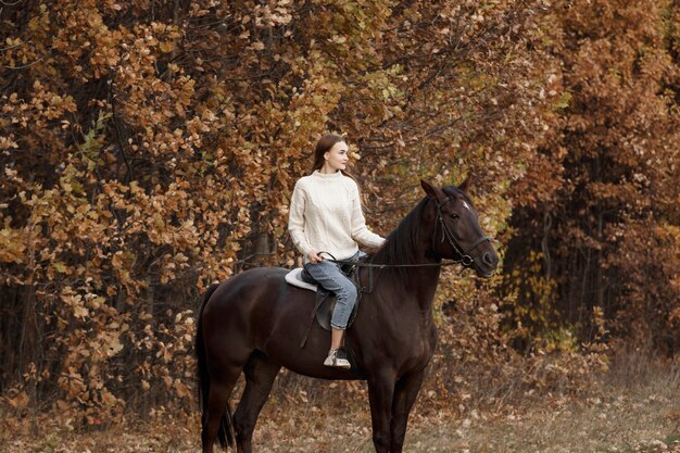 Dziewczyna z koniem na łonie natury, jesienny spacer ze zwierzęciem