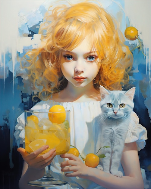 Dziewczyna z kotem i butelką soku pomarańczowego.