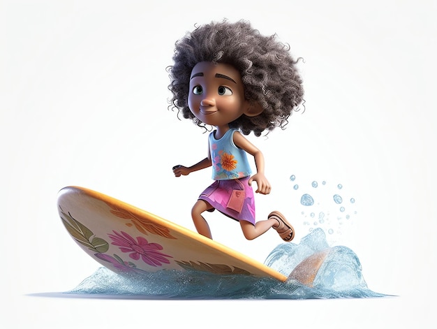 Dziewczyna z kręconymi włosami surfuje na desce surfingowej.
