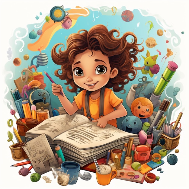 Dziewczyna z kreskówek czytającą książkę otoczona materiałami szkolnymi