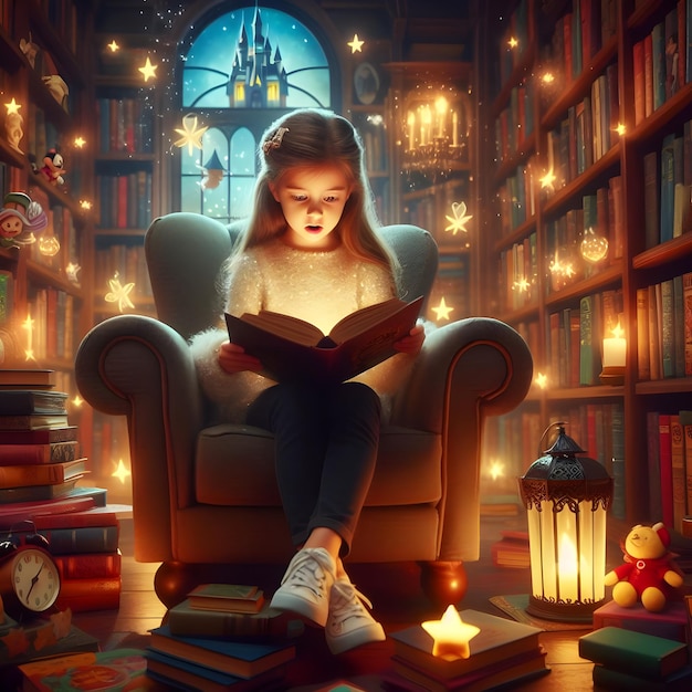 Zdjęcie dziewczyna z kreskówek czytająca książkę z bajkami w magicznej atmosferze