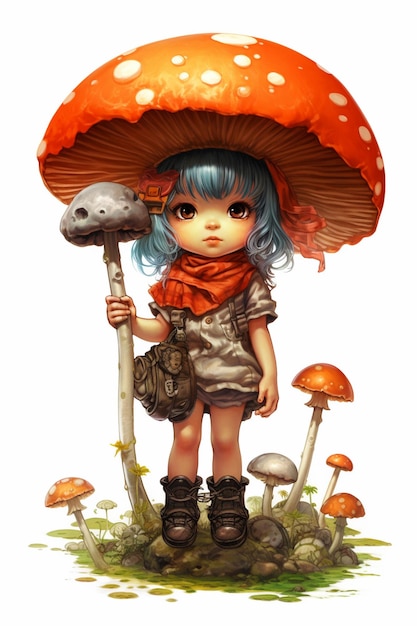 Dziewczyna z kreskówek o niebieskich włosach i niebieskich włosach trzyma ai generatywnego grzyba