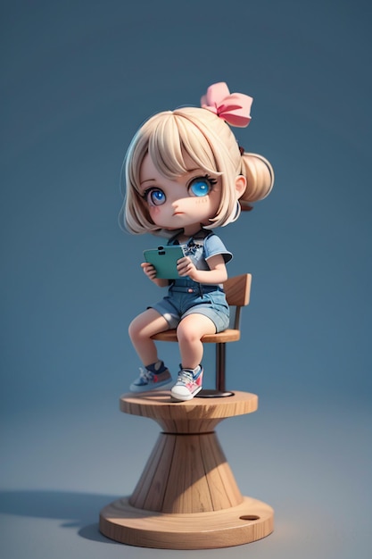 Zdjęcie dziewczyna z kreskówek w stylu anime, młoda piękna piękność siedząca na wysokim stołku tapeta ilustracja