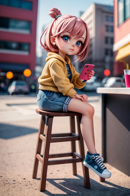 Dziewczyna z kreskówek w stylu anime, młoda piękna piękność siedząca na wysokim stołku tapeta ilustracja