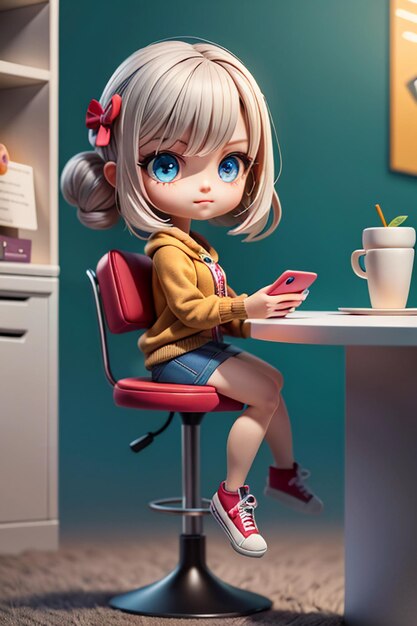 Dziewczyna z kreskówek w stylu anime, młoda piękna piękność siedząca na wysokim stołku tapeta ilustracja