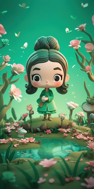 Dziewczyna z kreskówek w zielonej sukience stoi na wzgórzu z kwiatami w tle.