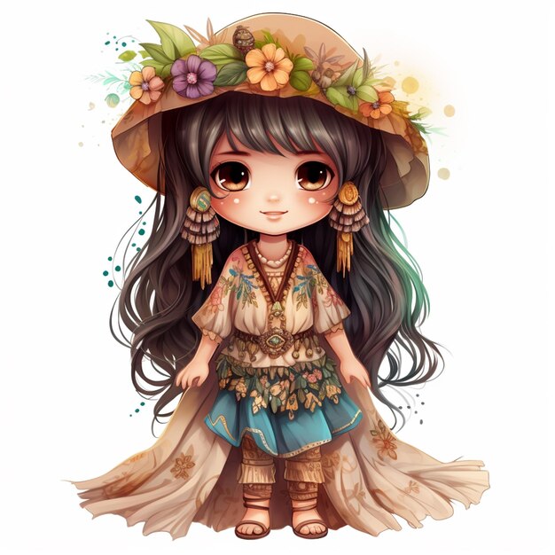 Zdjęcie dziewczyna z kreskówką z kapeluszem i sukienką i kwiatami na głowie generatywny ai