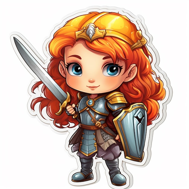 dziewczyna z kreskówkami z czerwonymi włosami i zbroją trzymająca miecz generatywny ai