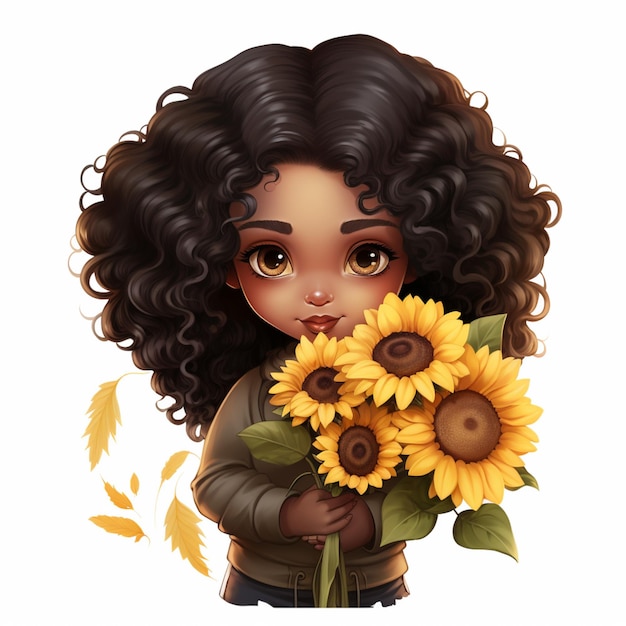 dziewczyna z kreskówkami z kręconymi włosami trzymająca słoneczniki i spadające liście