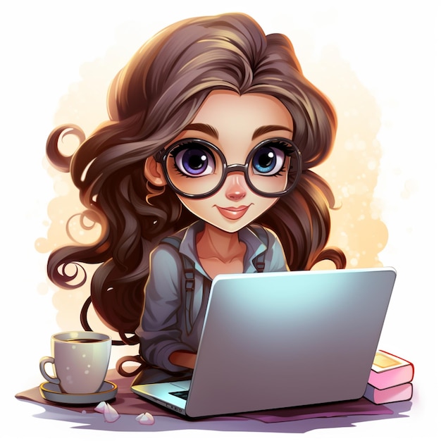 Zdjęcie dziewczyna z kreskówkami z okularami używająca laptopa z filiżanką kawy generatywnej ai