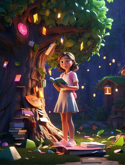 Dziewczyna z kreskówki czyta książkę pod drzewem.