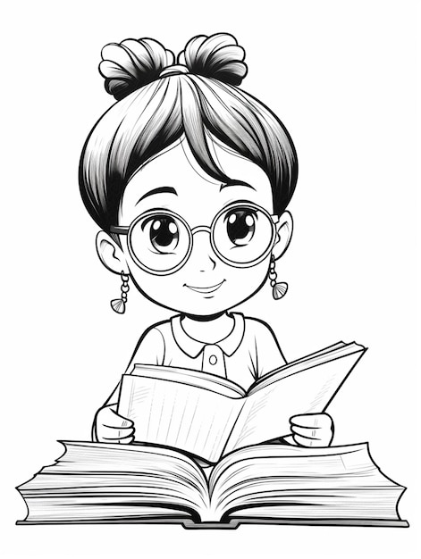 Zdjęcie dziewczyna z kreskówki czytająca książkę w okularach