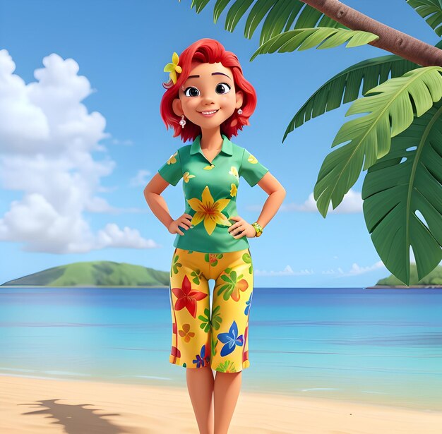 Dziewczyna z kreskówki stoi na plaży z palmą w pobliżu emitującą tropikalne uczucia
