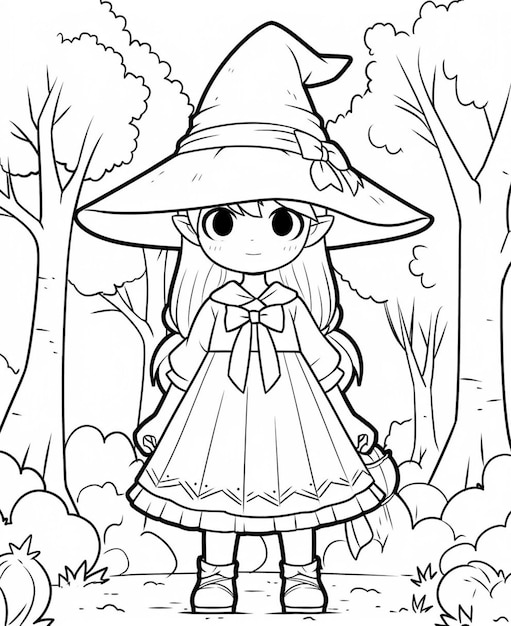 dziewczyna z kreskówki w kostiumie czarownicy stojąca w lesie generatywny ai