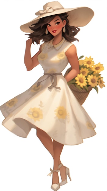 Dziewczyna z kreskówki w sukience słonecznikowej i kapeluszu trzymająca koszyk słoneczników generatywny ai