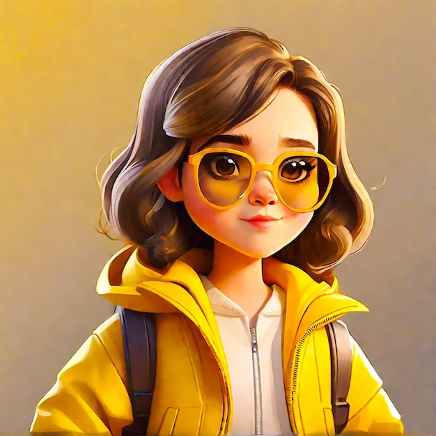 Dziewczyna z kreskówki w żółtej kurtce i okularach przeciwsłonecznych wygenerowana przez Ai
