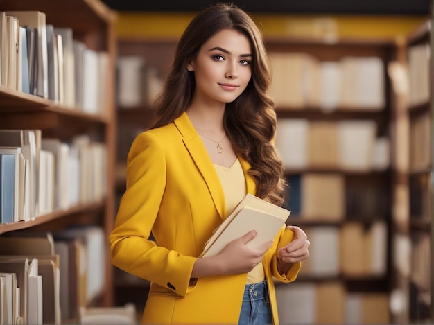 Dziewczyna z książkami i plikami w jasnożółtym garniturze i żółtym tle biblioteki