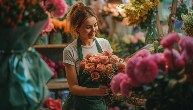 Dziewczyna z kwiaciarni trzyma bukiet kwiatów