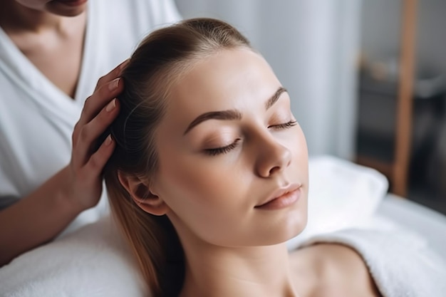 Zdjęcie dziewczyna z masażem olejkiem relaksuje się w salonie spa zabiegi kosmetyczne ze świecami i przedmiotami do zabiegów spa piękna kompozycja spa na masaż i relaks wygeneruj ai