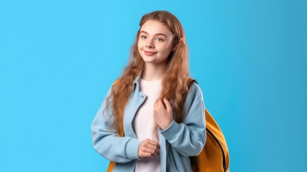 Dziewczyna z niebieską kurtką i żółtym plecakiem