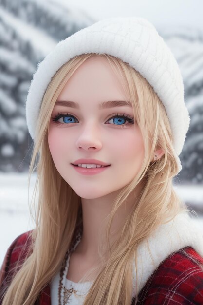 Zdjęcie dziewczyna z niebieskimi oczami stoi w śniegu.