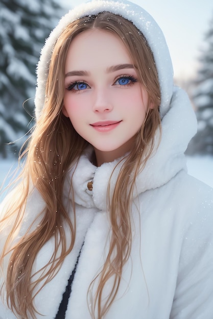Dziewczyna z niebieskimi oczami w białym płaszczu