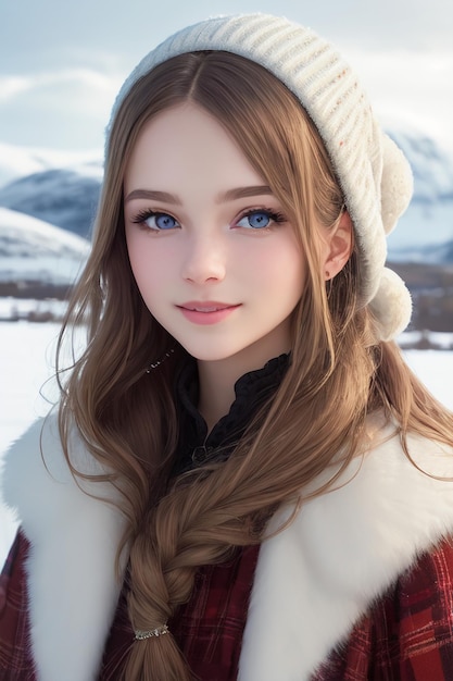 Dziewczyna z niebieskimi oczami w czerwonym płaszczu stoi w śniegu.