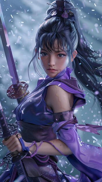 Dziewczyna z niebieskimi włosami i fioletowym kostiumem z mieczem w ręku