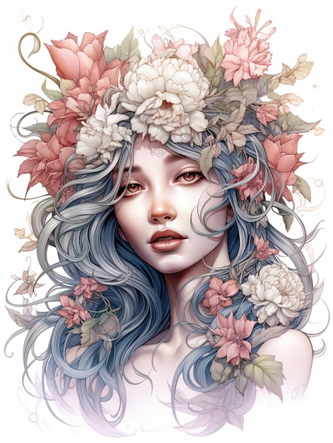 Dziewczyna z niebieskimi włosami i kwiatami na głowie jest otoczona kwiatami.