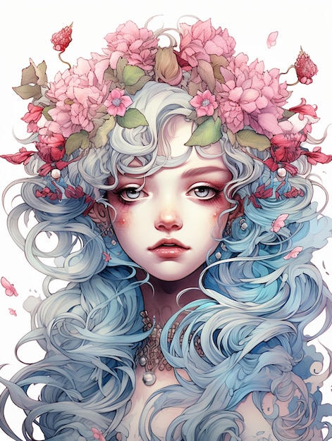 Dziewczyna z niebieskimi włosami i różowym kwiatem we włosach.