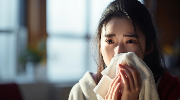 Dziewczyna z objawami choroby grypowej katar lub zatkany nos jest chora