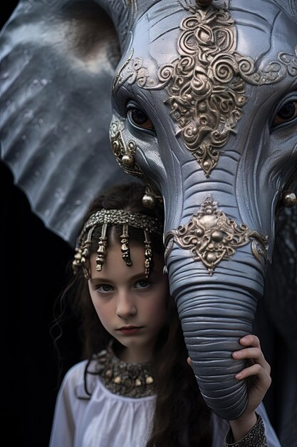 dziewczyna z opaską na głowie i nakryciem głowy, która mówi, że dziewczyna stoi obok słonia