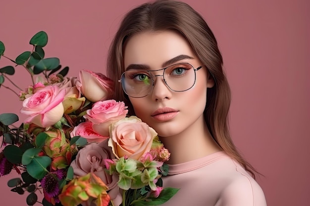 Dziewczyna z piękną twarzą i bukietem kwiatów okulary