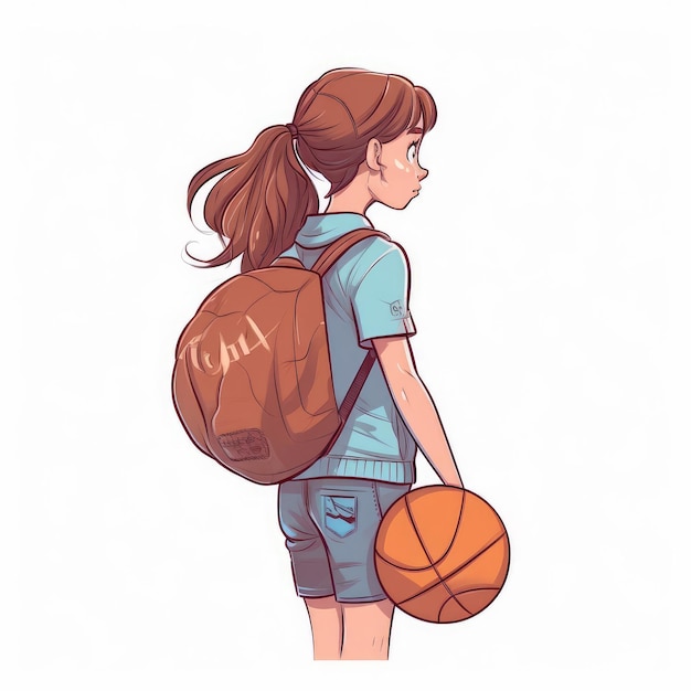 Dziewczyna z plecakiem i białym tłem w stylu kreskówki do koszykówki Generowane AI