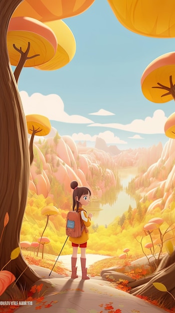 Dziewczyna z plecakiem stoi w lesie z rzeką w tle.