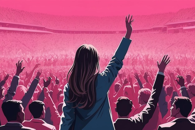 Dziewczyna z podniesionymi rękami w powietrzu przed różowym tłumem w stylu ilustracji politycznej Generatywna sztuczna inteligencja