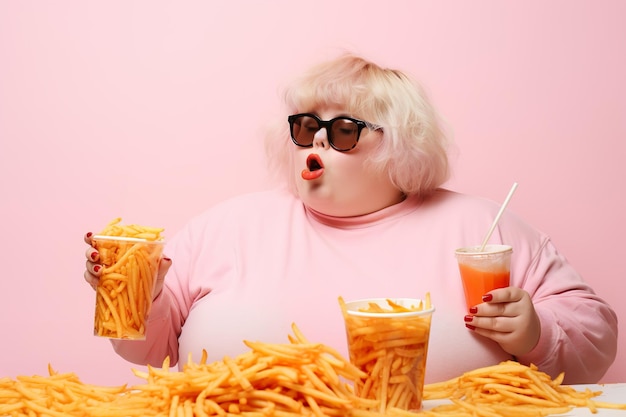 Zdjęcie dziewczyna z problemami z otyłością ludzie uwielbiają jeść zbyt dużo fast foodów niezdrowy styl życia