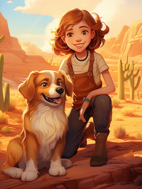 Dziewczyna z psem na pustyni z napisem „zwierzak” na twarzy.